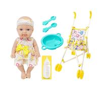 Doll Stroller - Doll Carriage | Toy Pram And Dol Set With Realistic 10 Inch Vinyl Dol, Feeding Bottle & Accessories, Role Play Nursery Toy For , Boys & Girls, Pink Yellow Blue Purple