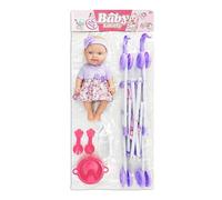 Doll Stroller - Doll Carriage | Toy Pram And Dol Set With Realistic 10 Inch Vinyl Dol, Feeding Bottle & Accessories, Role Play Nursery Toy For , Boys & Girls, Pink Yellow Blue Purple