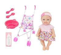 Doll Stroller - Doll Carriage | Toy Pram And Dol Set With Realistic 10 Inch Vinyl Dol, Feeding Bottle & Accessories, Role Play Nursery Toy For , Boys & Girls, Pink Yellow Blue Purple