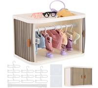 Doll Wardrobe Storage Box Compatible with Labubu Clothes, Dolls Storage Closet with 10 Hangers & Rod, Foldable Organizer Cabinet with Dust-Resistant Cover and Display Shelf for 15/17cm Doll Clothes
