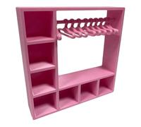 Doll Wardrobe Storage Display Box with 10 Hangers, Multi-Compartment Organiser for 15/17 cm Dollhouse, Pink and Black (PIMK)
