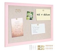 DOLLAR BOSS Pin Board Cork Board with Linen 45 X 60CM, Large Cork Boards for Walls Wood Framed Display Pin Board, Vision Board for Home Kitchen Office Decoration 10 Pushpins Beige Linen Pink Frame