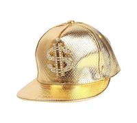 Dollar Flat Brimmed Hat - Gold Dollar Sign Hip Hop Snapback, Trendy Korean Style Headwear | Cool 80s Party Rappers Hat Bling Streetwear Music Festival Performance Costume Accessory