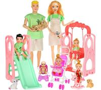 dollbie Family Dolls Playset with Slide Swing and Baby Stroller - 7 People, Pets & Accessories for 3-12 Years Old Toddler Gift (Gift Box Package)