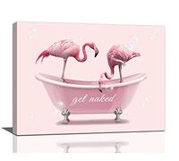dollffey Bathroom Flamingo Wall Art Pink Flamingo In Bathtub Pictures Wall Decor Get Naked Canvas Prints Framed Modern Bathroom Sign Painting Artwork, 12''x16''