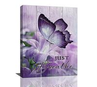 dollffey Farmhouse Butterfly Wall Art Purple Butterfly Flower Wall Decor Just Breathe Pictures Canvas Prints Framed Modern Painting Artwork for Bathroom Bedroom Living Room Dining room 12"x16"