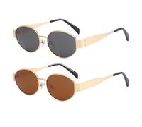 Dollger Retro Oval Polarized Sunglasses Womens Mens Ladies Designer Metal Fashion Frame UV400 Protection, Gold + Brown