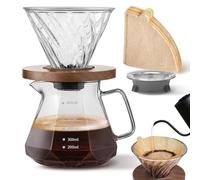 DOLLGIFT Pour Over Coffee Maker, 600ml/20oz Borosilicate Glass Carafe with Paper Filters, Walnut Base & Glass Lid, Holds 3 Cups, Ideal for Home, Café or Camping