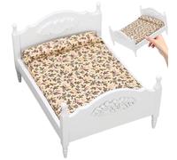 Dollhouse Bed, 1:12 Scale Vintage Double Doll Bed, Wooden Dollhouse Furniture, DIY-Friendly Miniature, White, 16.8x13x9.8cm