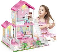 Dollhouse Dream house with Lights Mat Doll House Furnitures 2 Story 3 Rooms DIY Building Pretend Play House Gift for 3+