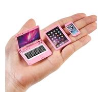 Dollhouse Laptop Accessories, 1/12 1/6 Scale Minature Tablet Smart Phone Mini Stuff Doll House Furniture Play Set Accessories 3 Pcs (Pink)