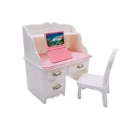 Dollhouse Miniature Desk Chair Set with Pink Laptop for Living Room