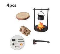 Dollhouse Miniature Hanging Stove, Mini Campfire Fireplace Model - Flame-effect Dollhouse Decoration with Firewood & Teapot, Black Miniature Stove for Fairy Gardens (Style A)