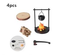 Dollhouse Miniature Hanging Stove, Mini Campfire Fireplace Model - Flame-effect Dollhouse Decoration with Firewood & Teapot, Black Miniature Stove for Fairy Gardens (Style C)