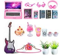 Dollhouse Miniature Laptop Computer Tablet Phone 1/12 1/6 Scale Tiny Book Drinks Guitar Instrument Dollhouse Furniture Decor Cake Glasses Coffee Mini Headset Camera Potted Plants (Pink)