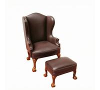 Dollhouse Miniature Sofa Armchair With Ottoman High Back Curved Arm Leather Material Wooden Base Refined Craftsmanship Suitable For Hobbyist Miniature Collection, Brown
