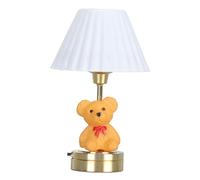 Dollhouse Table Lamp with White Shade, Brass Base, Teddy Bear Inside, Battery Operated, Miniature Decor Accessories