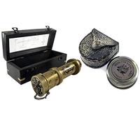 Dollond London Antique Brass Telescope Spyglass Scope In Wooden Box + Royal Navy Brass Military Compass In Leather Case