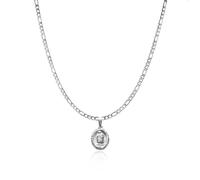 DOLLRINBOY Guadalupe Virgin Mary Pendant Necklace, 14K Gold Plated/Silver, Dainty Madonna Charm, 3.5mm Flat Figaro Chain, Size 18.5" with 2" Extender, 20inch+2inch, Metal, No Gemstone