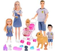 Dolls Family Playset with Baby Stroller Set- 6 People, Pets & Accessories for 3-12 Years Old | Toddler Gift with Pregnant Mom, Dad, 3 Kids, Dogs, and Interactive Play (Gift Box Package)
