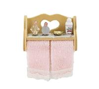 Dolls House Bare Wood Wall Shelf with Bathroom Accessories & Towel Rail Pink