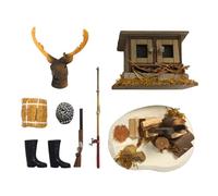 Dolls House Hunting Accessories, 1:12 Scale, Wellies, Shotgun, Straw Bale, Log Pile with Axe, Cap, Stag's Head, Rabbit Hutch | Minimum World