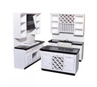 Dolls House Luxury Kitchen Set, 1:12 Scale, Black and White, Double Sink Unit, Oven and Hob Unit, Free-Standing Island | Minimum World