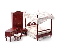 Dolls House Mahogany Victorian Bedroom Furniture Set with Canopy 4 Poster Bed