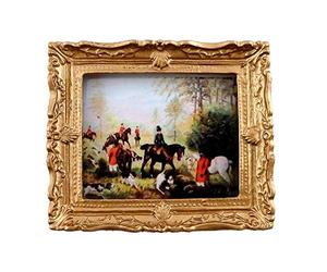 Dolls House Miniature Accessory The Hunt Scene Picture Painting Gold Frame