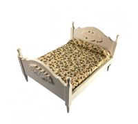 Dolls House Miniature White Double Bed and Mattress, 1:12 Scale, Wooden, Floral Mattress | Minimum World