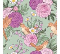 Dolls House Wallpaper Birds & Pink Purple Flower Design Miniature Print 1:12