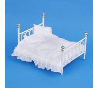 Dolls House White Cast Iron Double Bed & Bedding Miniature Bedroom Furniture
