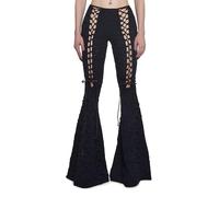 Dolls Kill Beyond The Woods Flare Pants by Widow - Gothic Lace-Up Flared Pants with Shredded Hole Design, Black, S