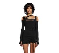Dolls Kill Drop A Name Long Sleeve Mini Dress - Stretchy Jersey Dress with Mesh Bust Panel & Shoulder Cutouts, Black, S