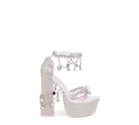 Dolls Kill Holy Revelation Platform Heels by Sugar Thrillz, Velvet Heels with Pearl Beads & Adjustable Straps, Silver, 4.5 UK