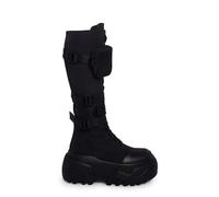 Dolls Kill Mad Hustle Knee High Combat Boots by Poster Grl - Chunky Platform Boots with Zipper Pockets, Buckle Straps & Side Zip Closure, Black, 8 UK