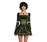 Dolls Kill Myths N' Legends Mini Dress - Velour Mini Dress with Lace-Up Front, Puff Sleeves & Metallic Ribbon - Green, Small