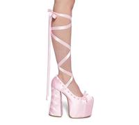 Dolls Kill Sweet Sonata Ballet Wrap Heels by Sugar Thrillz - Satin Platform Heels with Lace-Up Ribbons & Bow, Pink, 5.5 UK