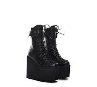 Dolls Kill Traitor Boots by Current Mood - Black Vegan Leather Platform Boots with Wedge Heels & Lace-Up Design, Black, 10 UK