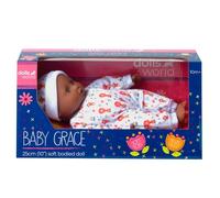 Dolls World from John Adams | Baby Grace Doll | Dark/Black Skin 25cm Soft Bodied Doll with Removable Outfit & Hat | Baby Dolls for Girls with Accessories | Cuddly Toys for Girls Ages 10 Months+