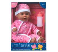 DOLLSWORLD from Peterkin | Little Treasure Doll 78318 | 38cm (15") baby doll with bean filled bum, sleeping eyes, deluxe romper, hat, bottle and dummy | Dolls & Accessories | Ages 18m+
