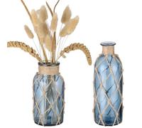 Dolltobe 2 Pcs Light Blue Glass Vases With Boho Rope Wrapping, Small Coastal Bottles For Home Decor, Weddings, And Special Events