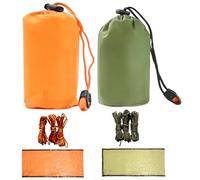 Dolltobe 2 Sets Survival Tent, Emergency Sleeping Bag, 94.5 X 59.1 In, Lightweight Pe Outdoor, With Ropes, For Camping, Disaster Relief, Green And Orange