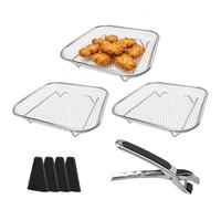 Dolltobe 3-layer Air Fryer Rack, 8.3x8.3x3.6 Stackable Square Dehydrator Rack, Stainless Steel Air Fryer Accessories with Tongs and Silicone Feet for Baking, Roasting, Drying
