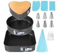 Dolltobe 3 PCS Springform Cake Pans Set with Piping Bag Nozzles Scrapers, Non-Stick Cheese Cake Pans, Leakproof Cake Pans for Baker & Baking Enthusiast, Including Heart Round Square Shape