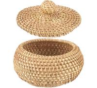 Dolltobe Handwoven Rattan Storage Basket with Lid, Natural Wicker Decorative Organizer Box, Round Dustproof Candy Snack Container, Exotic Farmhouse Style for Kitchen & Home Organization, 5.9 x 4.7 in
