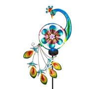 Dolltobe Peacock Windmill Solar Wind Spinner, Outdoor Metal Kinetic Art, Multicolor Garden Decor With Jewel Accents, Decorative Stake Light
