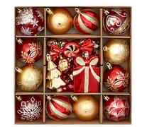 Dolltobe Shatterproof, Red And Gold Christmas Balls Ornaments, 46 Pcs, Xmas Tree Decorations Set, Hand-Painted Baubles, Box, Holiday Decor