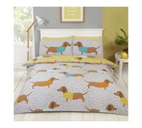 Dolly Dachshund Ochre King Duvet Cover Set - Reversible Polka Dot Bedding (Ochre/White & Grey/White) Includes 2 Pillowcases
