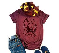 Dolly Graphic Tees Women Summer Funny Vintage T Shirt Retro Casual Country Music Shirt Tops for Band Music Lovers, Red, Large